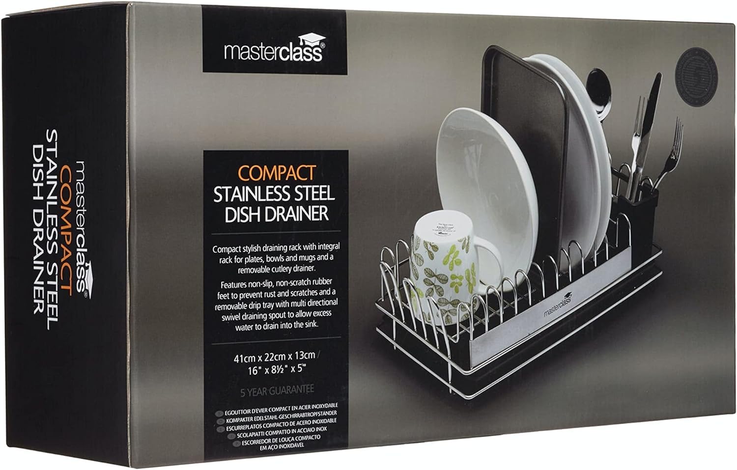MasterClass Kleiner Edelstahl-Geschirrabtropfer mit Besteckablage, 41 x 22 x 13 cm, Silber/Schwarz