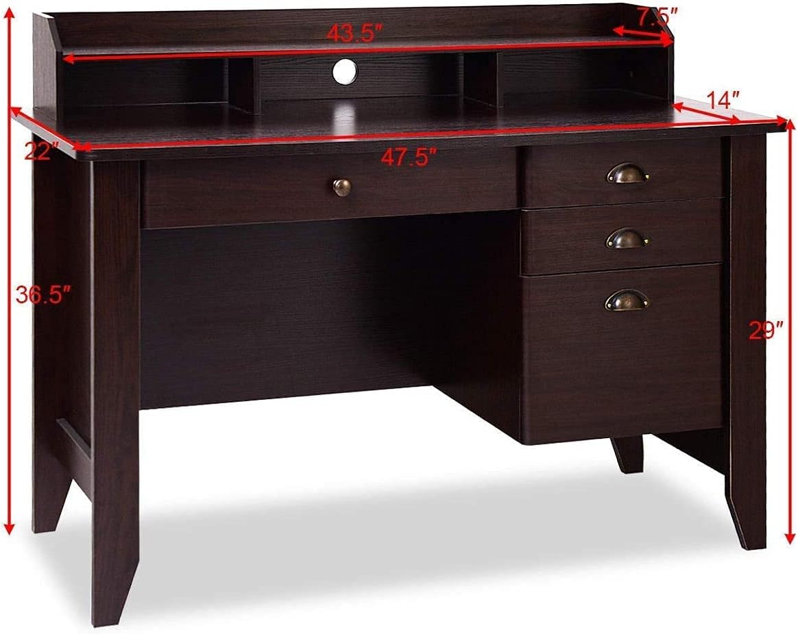 Giantex Topment Wood Computer Desk with 2 Tier Shelves, Study and Writing Table with Three Side Drawers, Laptop Table with a Smooth Slide-Out Long Drawer, Work Station for Home &Office