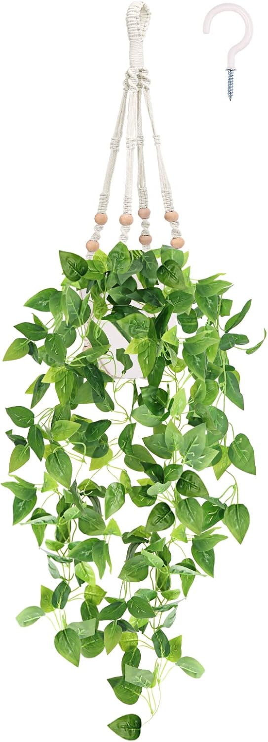 CEWOR Fake Hanging Plant with Pot, Artificial Hanging Plant