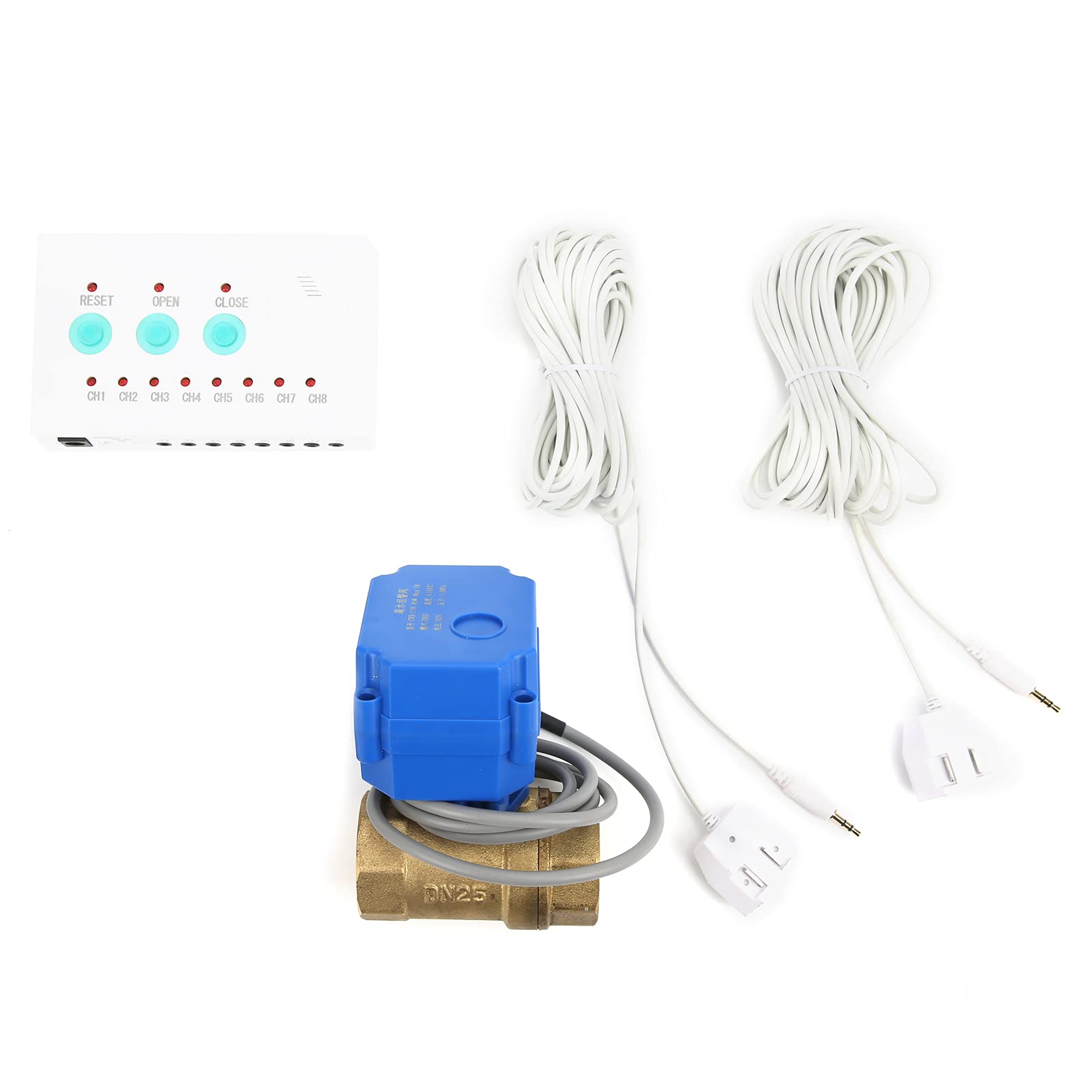 Wasserlecksensor,Hochpräziser Wasserleckalarm,8-Sensor-Schnittstelle & Ton- und Lichtalarm,Kit Zur Erkennung von Wasserlecks mit DN25-Absperrventil für Leitungswasserleitungen,(EU Plug)