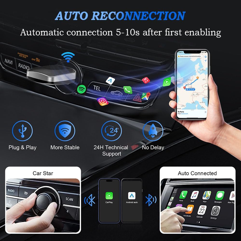 Bezprzewodowy adapter Carplay do Seat Alhambra/Ibiza/Leon/Toledo 2016-2024, bezprzewodowy adapter samochodowy z systemem Android Konwersja przewodowa pasuje do iOS 10+/Android 10+, złoty