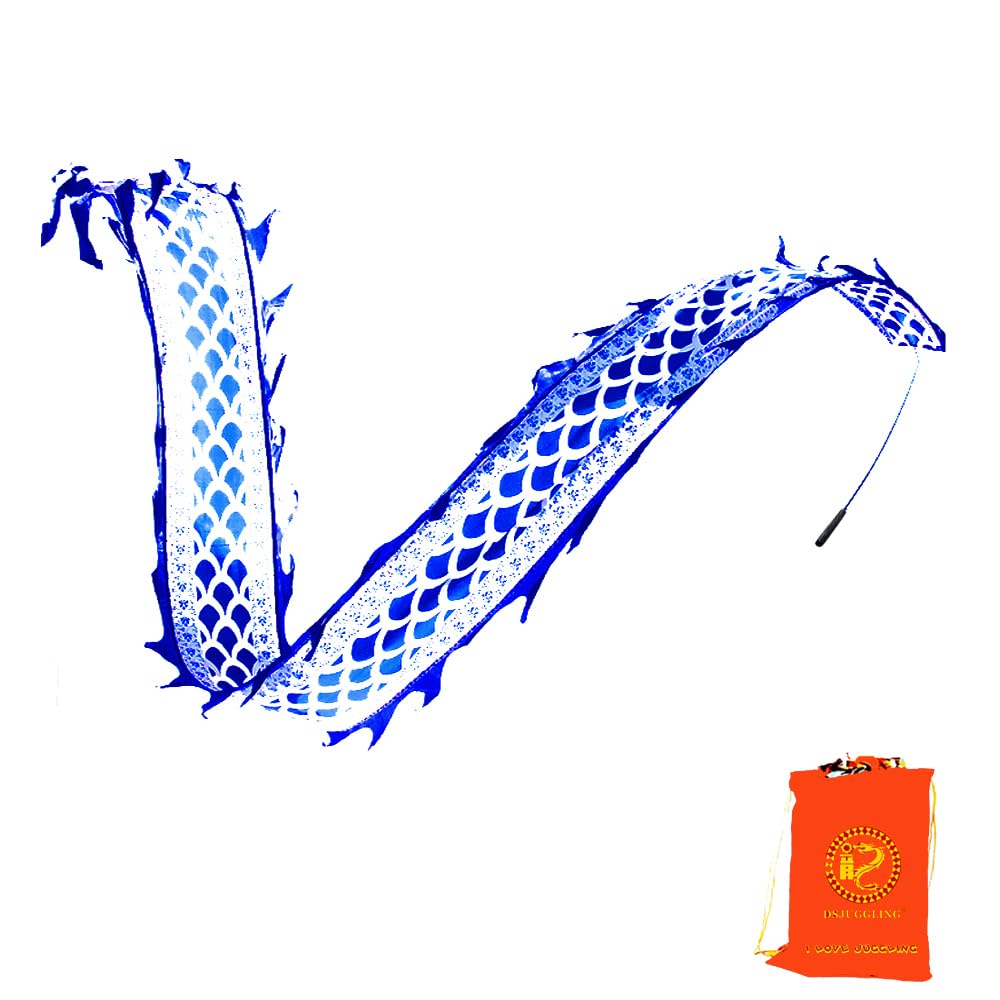 DSJUGGLING 2 Meters (6.5 FT) Blue Dragon Silk-Like Flowy Ribbon Poi, Outdoor Flinging Fitness Dance Blue Celadon Ribbon Streamer with 40-60cm Adjustable Fiberglass Handstick and Carry Bag