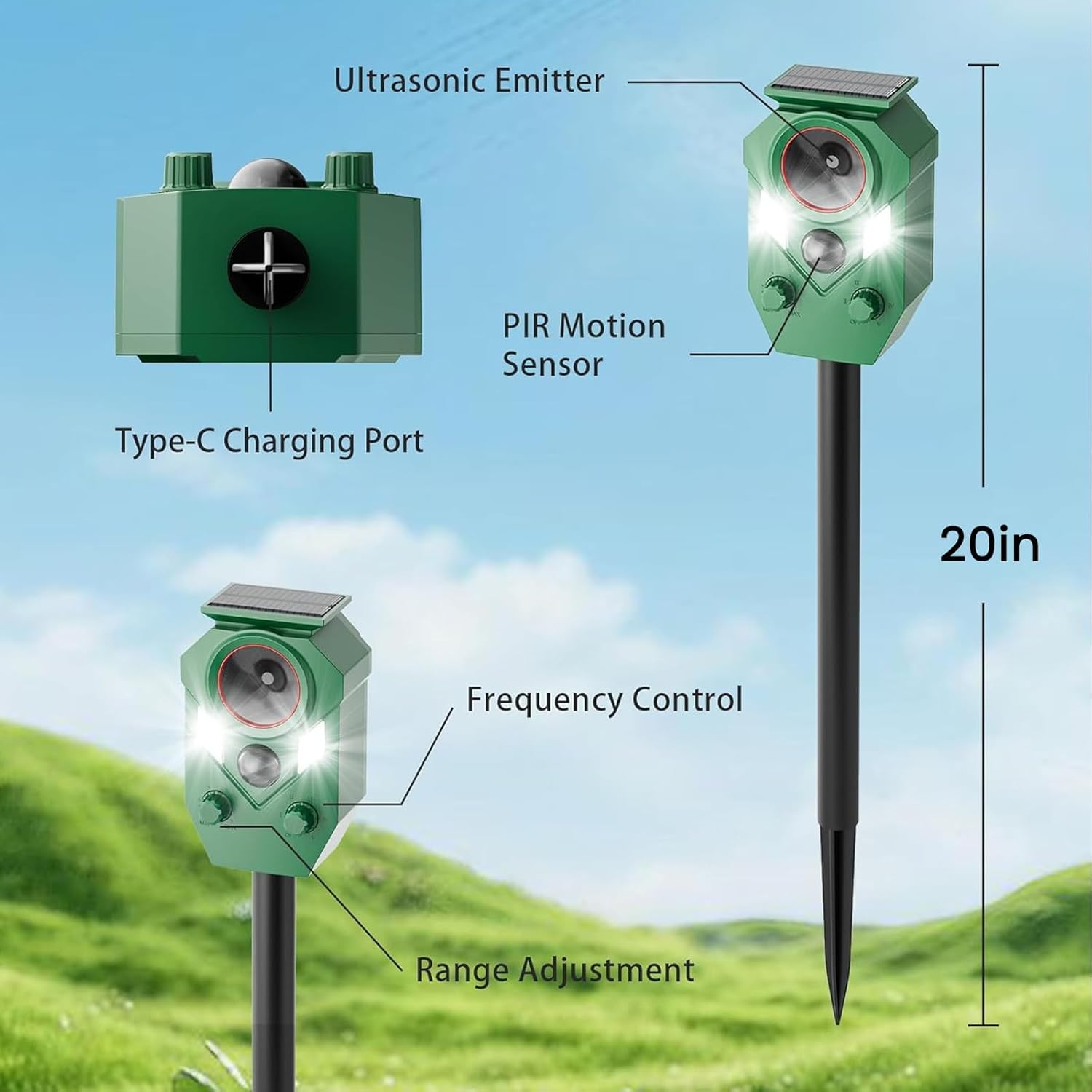 Solar Tiervertreiber Outdoor, Ultraschall Stroboskop Licht Abschreckung für Waschbären, Hirsche, Eichhörnchen, Katzen, Hunde, Füchse, Stinktiere & Kaninchen, Wasserdicht, Schrittweise