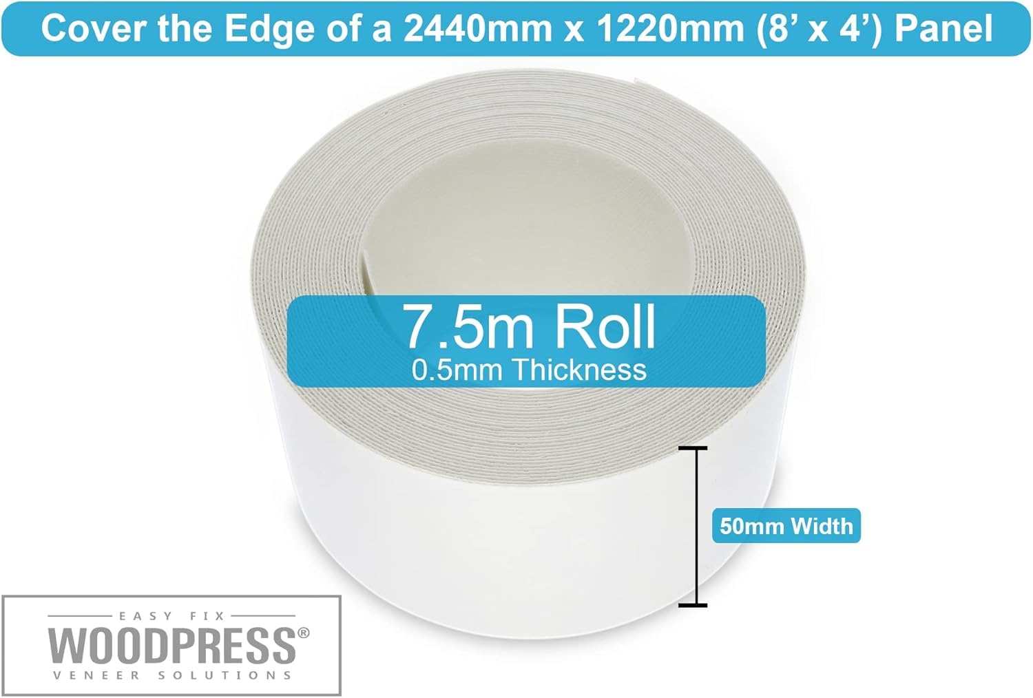 Cinta de melamina blanca perlada de 50 mm, cinta de chapa prepegada, rollo de 7,5 m, planchar para una fácil aplicación de bricolaje, cubrirá el borde de un panel de MDF estándar