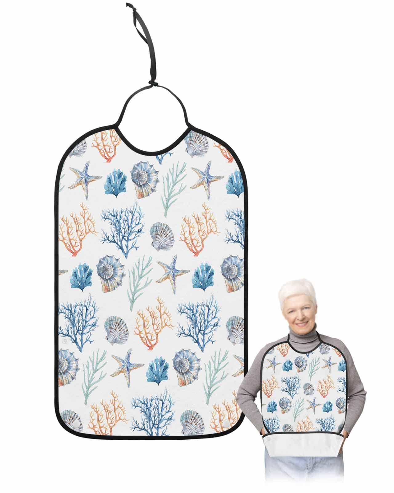 LEOKOTI Blue Teal Orange Coastal Adult Bibs for Eating, Waterproof Bibs with Food Catcher & Snap Closure, Nautical Beach Coral Shell Starfish Washable Clothing Protectors Adult Bibs for Elderly