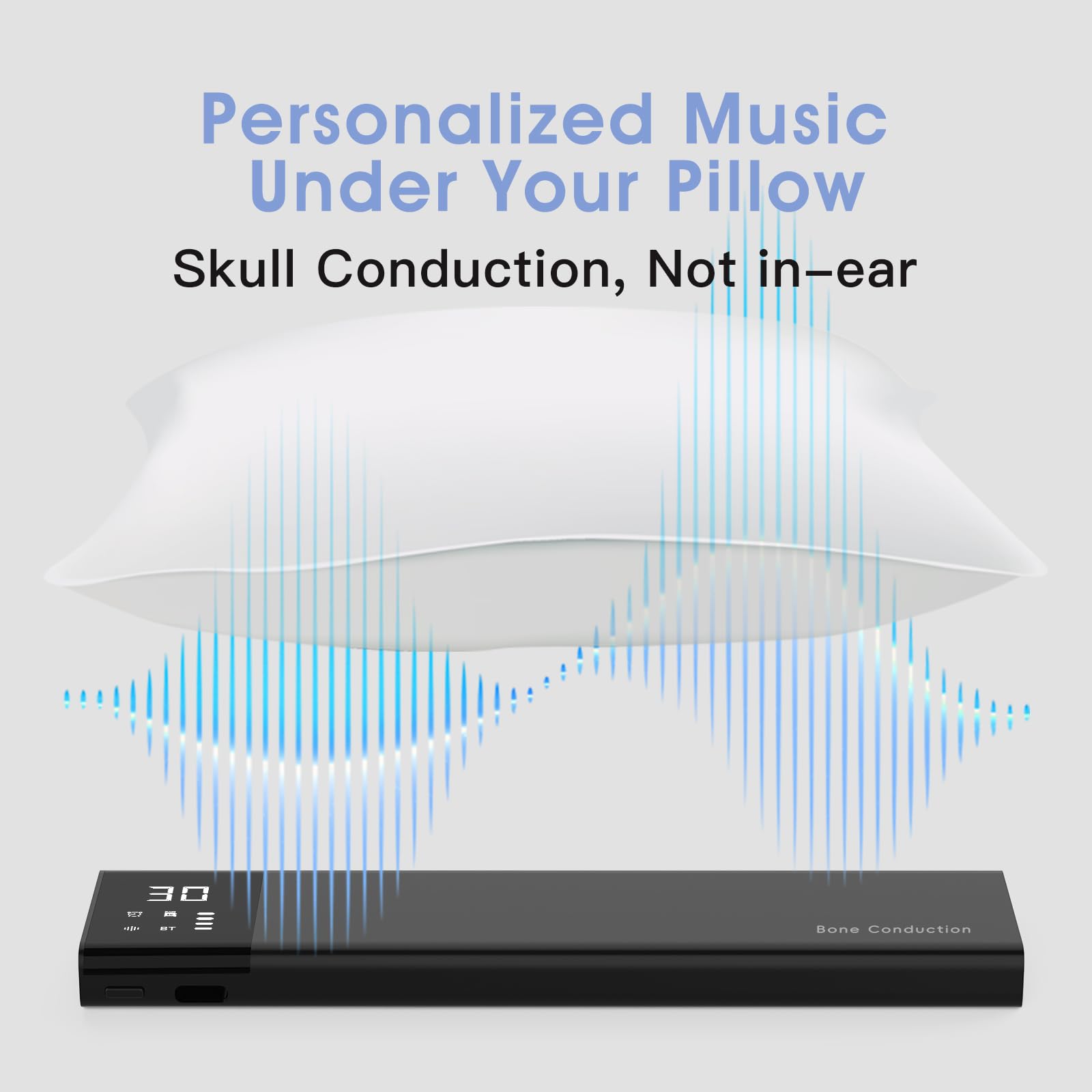 Unterkissen Knochenleitungs Schlaflautsprecher mit Display, Verlängertes Design, Bluetooth White-Noise-Gerät mit 36 Schlafsounds, 650mAh Akku, Timer&TF-Karte, Ideal für Seitenschläfer & Schlafprobleme