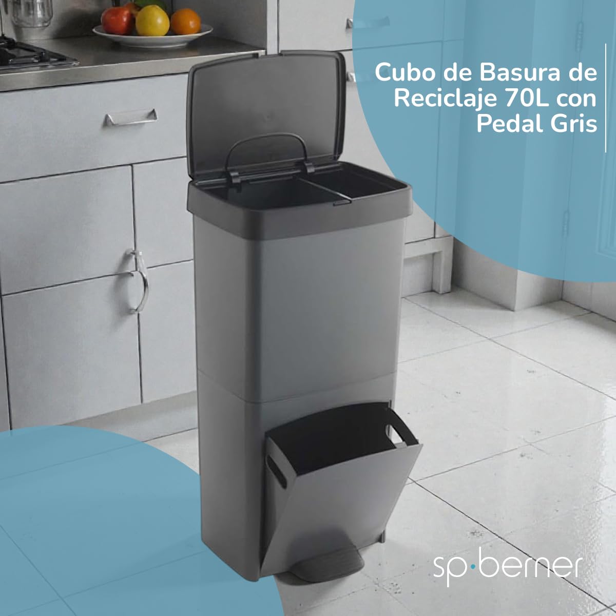 SP Berner - Cubo de Reciclaje de Gran Capacidad 70L - Contenedor Robusto con Tapa Hermética para Interior y Exterior - Fácil de Limpiar e Ideal para Hogar y Oficina - Fabricados en España