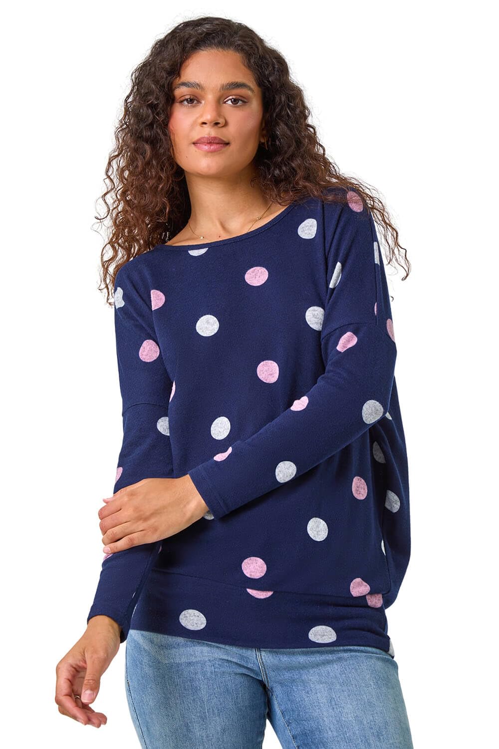 Roman Blouson Top for Women UK Ladies Drop Shoulder Long Sleeve Jersey Stretchy Oversized Casual Office Jumper Soft Everyday Sweater Lounge Sweatshirt Blouses - Navy & Pink - Size 20