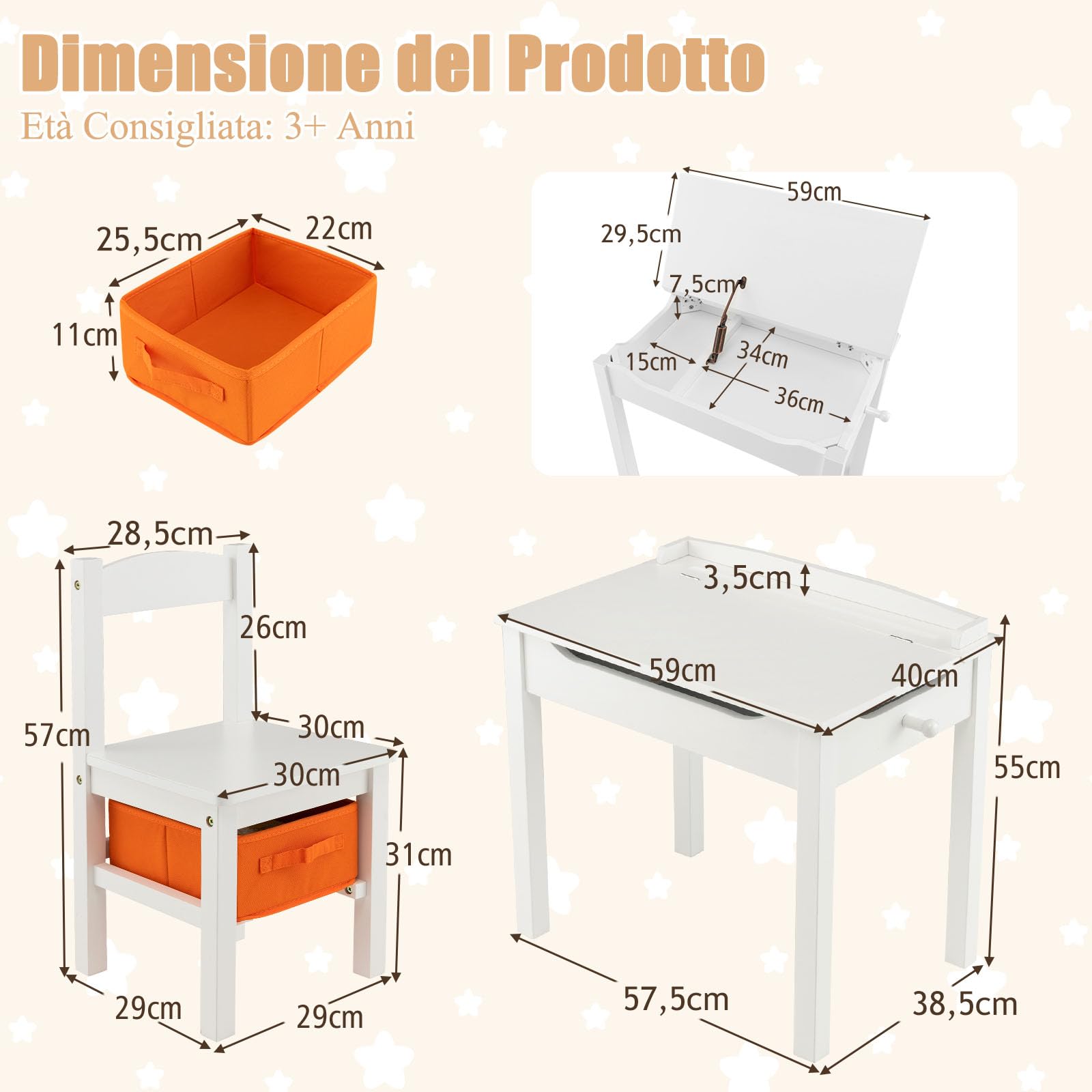 RELAX4LIFE Scrivania per Bambini in Legno con Sedia, Coperchio Apribile Contenitore, Cerniera, Gancio per Zaino e Scatola per Età 3+ Anni (Bianco)
