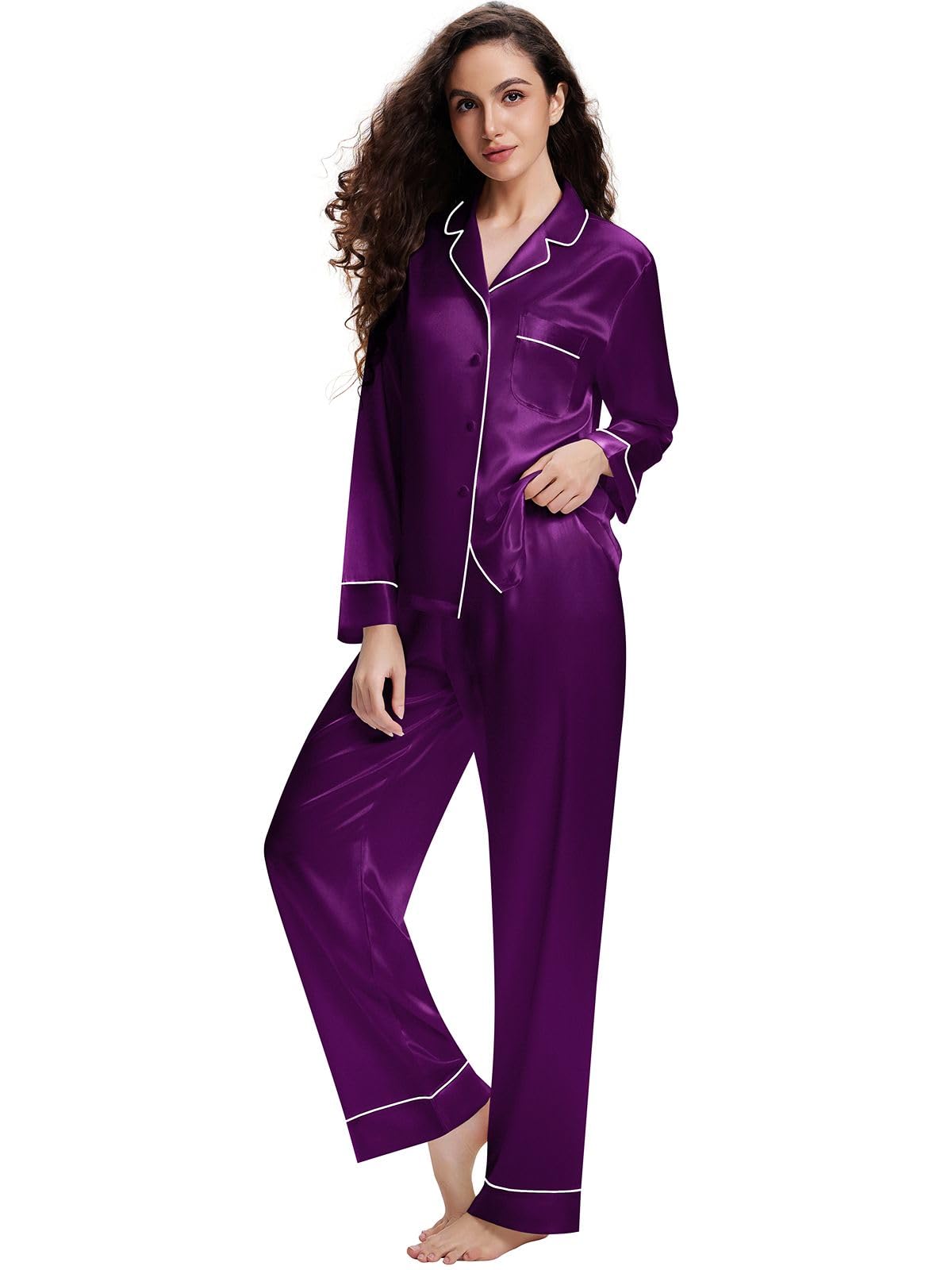 Lonxu Silk Satin Womens Pajama Sets Button Down Sleepwear Loungewear XS~3XL