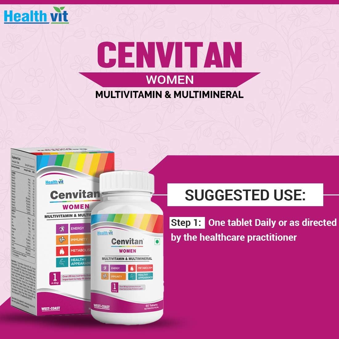 Dharma Healthvit Cenvitan Women Multivitamin & Multimineral with 26 Nutrients (Vitamins and Minerals) | Anti-Oxidants, Energy, Metabolism, Immunity, Beauty and Healthy Appearance - 60 Tablets
