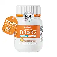 Vitamin D3 K2 10000IU 100mcg MK-7, 2-in-1 Vitamin D3 and K2 Combined Supplements, High Absorption Formula, Better Bone,Immune Support, Easy to Swallow, One Daily, 120 Day Supply