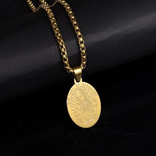 Miniatura 3 de Collar de acero inoxidable con medalla ovalada de San Benito, Cristóbal, Miguel, Juda, Jesús, Virgen de GuadalupeVirgen de Guadalupe para hombres,