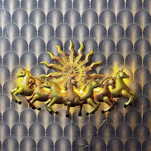 Image of Anshika International 7 Running Horses Metal Wall Decor with Sun LED Light - Vastu Feng Shui Lucky Horses Wall Hanging for Living Room, Hall & Office - Gold Copper Finish Metal Wall Art (37 x 23 Inch)