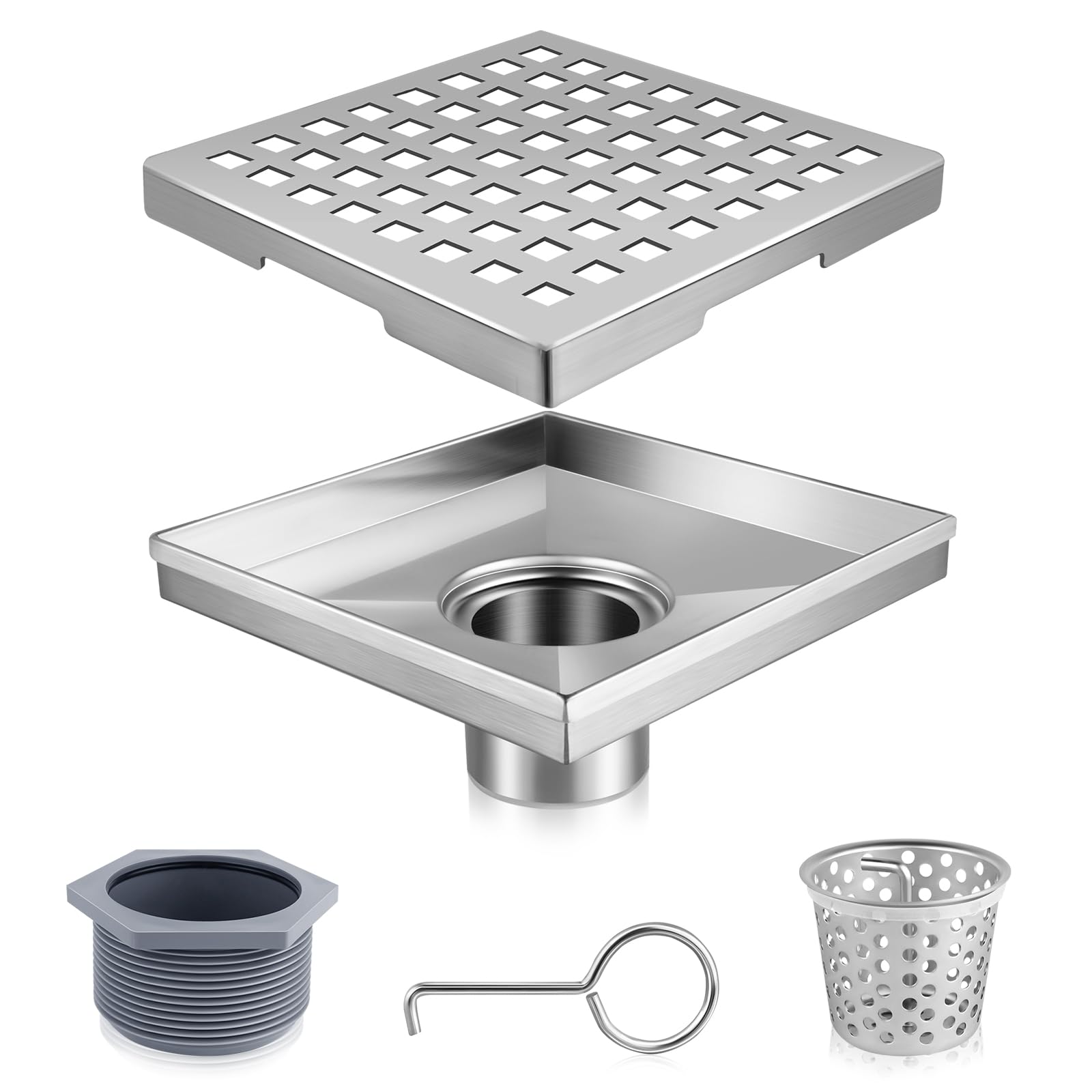 Square Shower Drain Kit-4‘’ Stainless Steel Bathroom Floor Drain Set (CUPC Certified) Equipped with Removable Quadrato Pattern Grate,Hair Filters,Threaded Joint with Rubber Seal and Lifting Hook