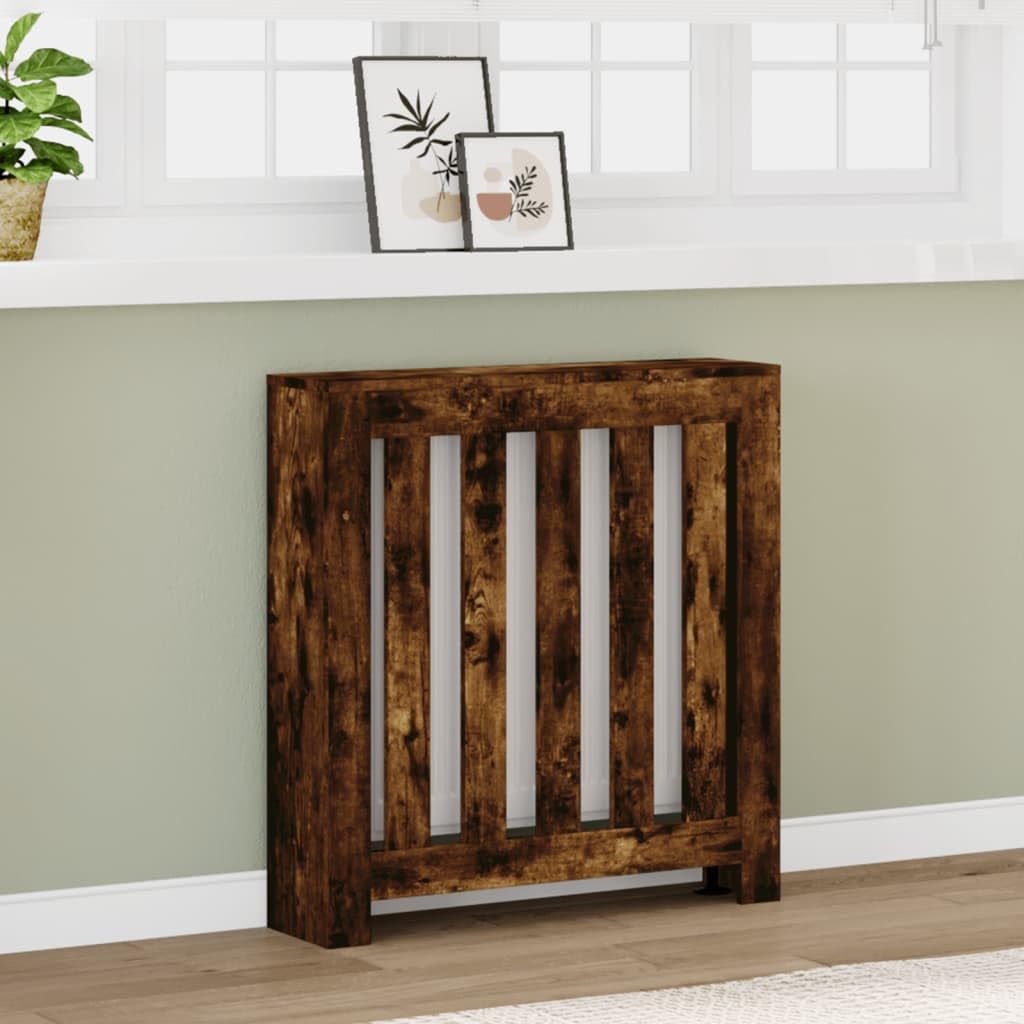 Heizkörperverkleidung Räuchereiche aus Holzwerkstoff 78 x 20 x 82 cm, moderne Heizkörper Abdeckung mit vertikalen Latten, Wandhalterung, Ablage für Wohnzimmer und Renovierung