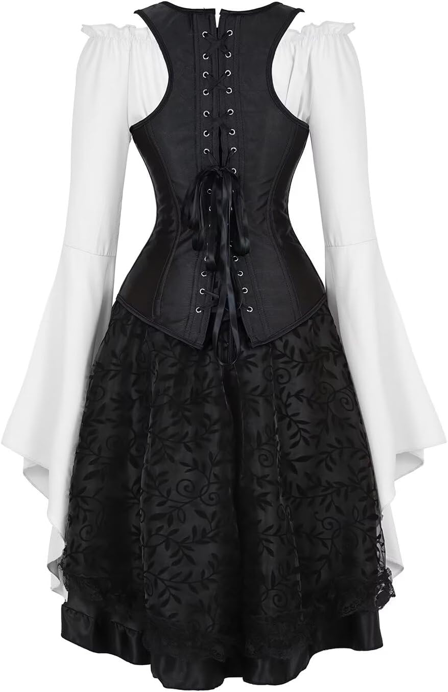 Jutrisujo Underbust Corset Dress Top with Straps Skirt with Tutu 3 Set Plus Size Vintage Lace up Gothic Black