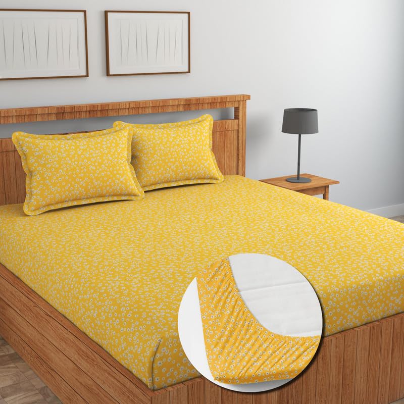Image of NEW LEAF Glace Cotton Fitted King Size Double Bedsheets with 2 Pillow Covers | Elastic Fitted | Wrinklefree | Ultrasoft |Winter Bedsheet 220 tc tc Floral | 78 x 72+10 Inches, Yellow