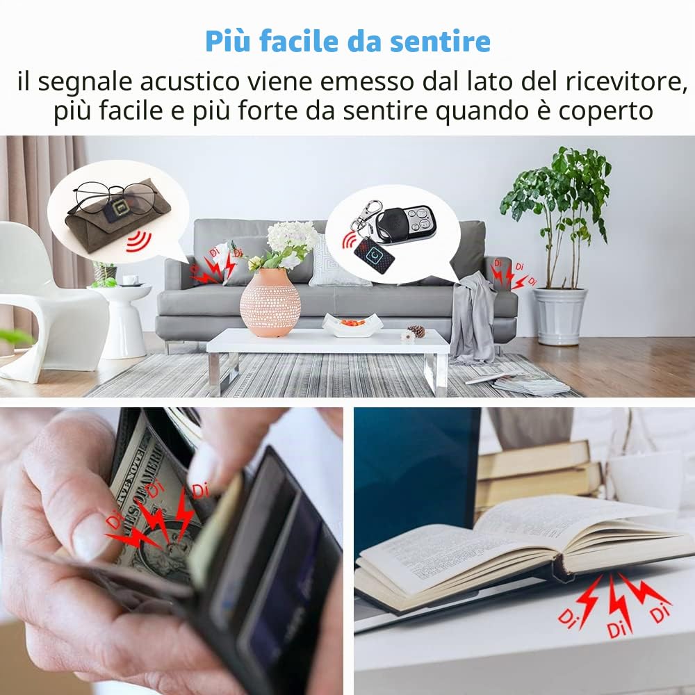 Trova-chiavi, RF Item Locator, con 2 trasmettitori e 6 ricevitori, segnali acustici da 85 dB, trova-chiavi senza fili, supporta il controllo remoto per localizzare animali domestici, borse