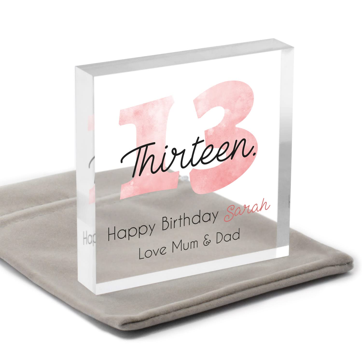 Beecreative Personalised Gift for 13th Birthday, 16th Girl, Gift for 13 Year Old Girls, 18th & 21st Daughter/Sister, Acrylic Keepsake with Grey Bag