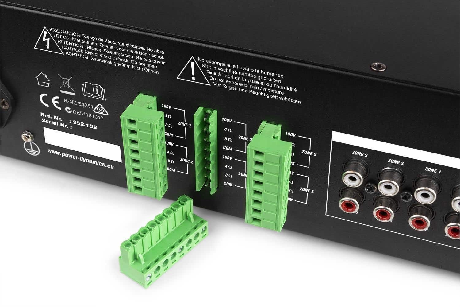 Power Dynamics PRM606 - Amplificateur Matriciel avec 6 Canaux 100 V 6x60W, Lecteur MP3/USB/SD, Technologie Bluetooth, Prises 6,35mm, Idéal pour l'Installation dans Un Bureau ou Magasin