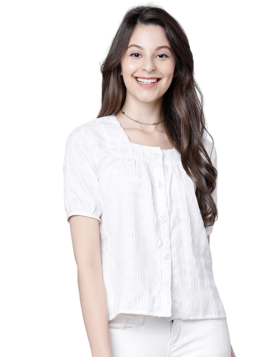 Women's Square Neck Top | Front Button | Short Puff Sleeves | Chic & Feminine | Casual Wear | Basic | Tops for Woman | Women Tops | Stylish Top-image-37