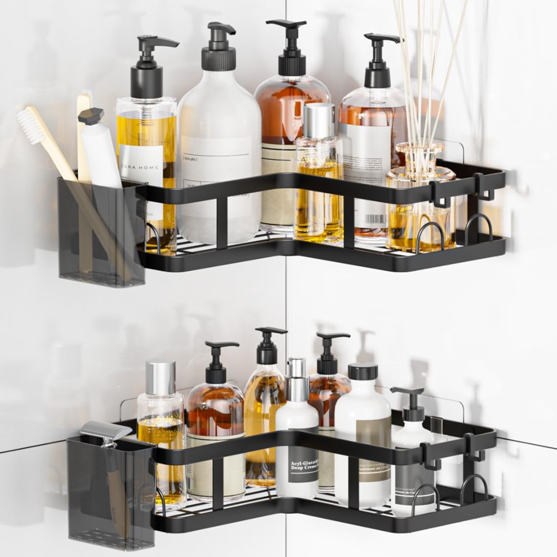 2 Pack Corner Shower Caddy, Rustproof Black Bathroom Corner Shelves with 2 Toothpaste Holders & 12 Hooks