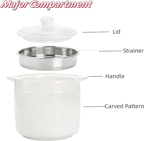 Miniatura 3 de Recipiente de grasa de tocino de cerámica con colador, olla de filtro de aceite de 1.2L40 onzas, recipiente de aceite de cocina tallado blanco para