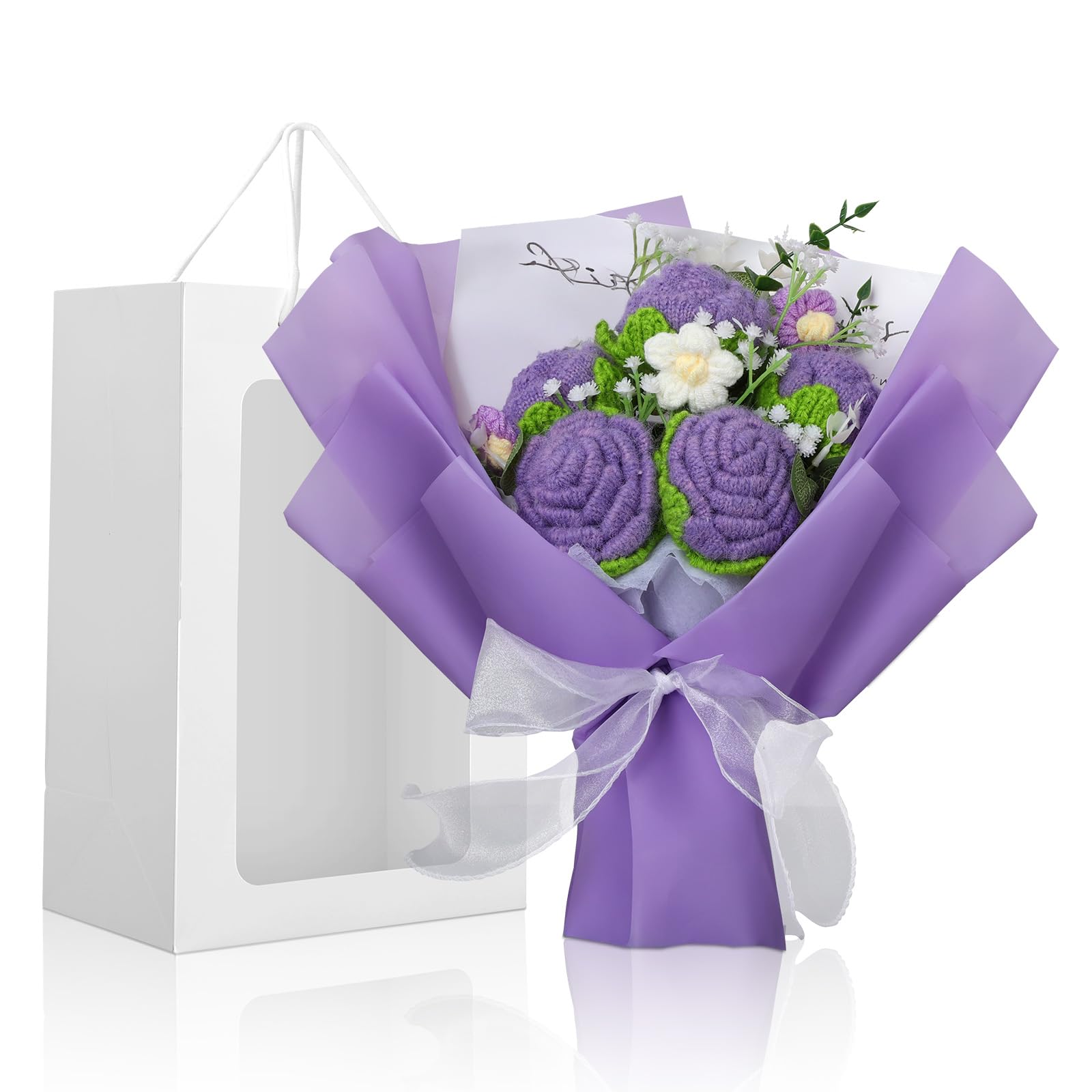 Foyucool Crochet Flowers Bouquet, Handmade Knitted Rose Bouquet with Gift Bag for Home Deocor, Crocheted Finished Flower for Wedding, Mother's Day, Teachers' Day and Valentine's Day, Purple