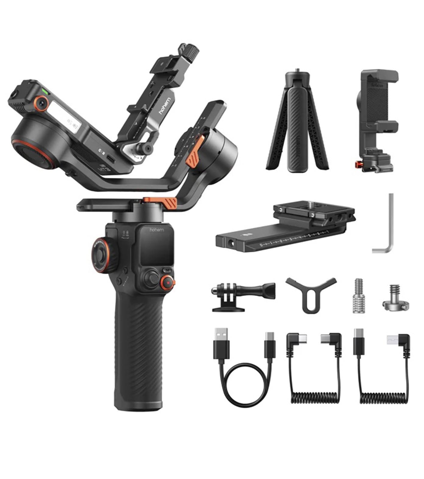 Hohem iSteady MT3 Pro - Estabilizador de cámara 4 en 1 con rastreador de IA, controles de pantalla táctil desmontables, luz de relleno, cardán de 3 ejes para cámaras de acción y teléfonos inteligentes