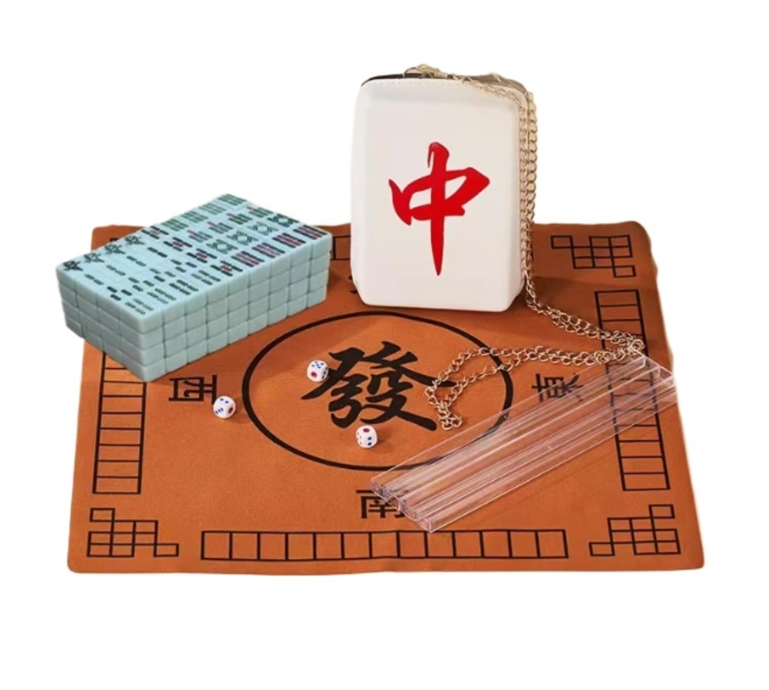 Chinesisches Mahjong 144 Mahjong-Fliesen, Haushaltshand, Mahjong-Fliesen, Handspiel Mit Tasche, Tischdecke, Kartenlineal Für Familie Reise Spiel(Grün)