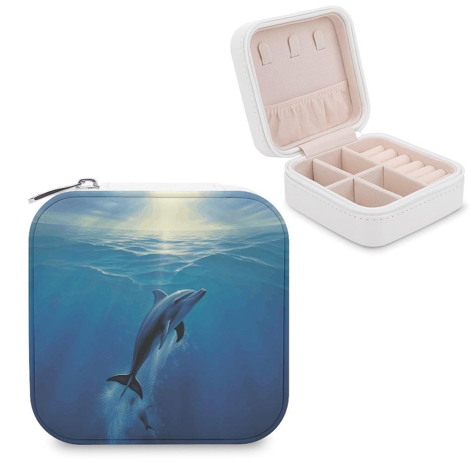 VstaDank Dolphin in The Ocean Jewelry Box Exquisite Leather Jewelry Organizer Portable Trinket Organizer Fashion Travel Jewelry Case for Rings Earrings Necklaces Unique Gifts for Women