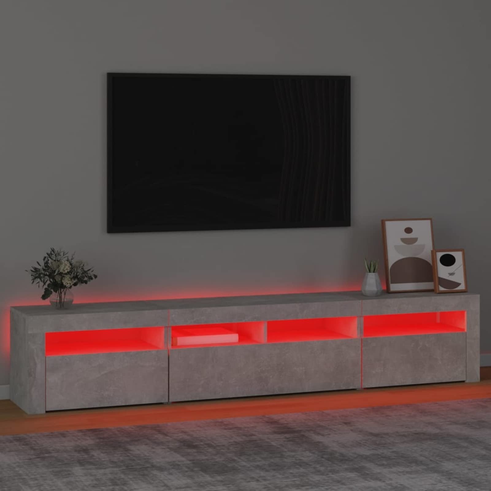 Nowoczesny stojak na telewizor z oświetleniem LED, drewniana szafka pod telewizor w kolorze cementowo-szarym, Slish 210 x 35 x 40 cm, centrum rozrywki do salonu, współczesne futro