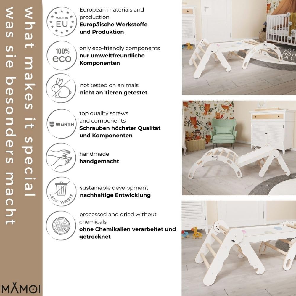 MAMOI® Set Klettergerüst Indoor, Kletterdreieck mit rutsche aus Holz, Kletterbogen, Klettergerüst mit Rutschbrett, Holzbogen für Spielplatz, Montessori
