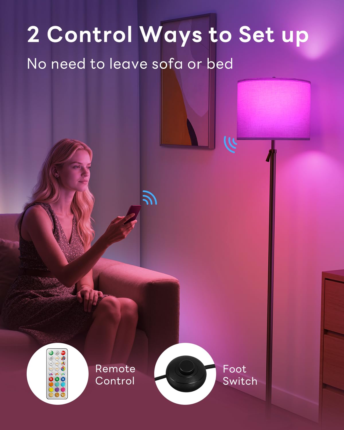 LED Stehlampe Höhenverstellbar, RGB Farbwechsel Leinen Schirm, 152-175cm Teleskopstange Stehleuchte, Magnetische Fernbedienung, 1200lm 10W, 1600K Blaulichtfrei Dimmbar Leselampe, Schwarz