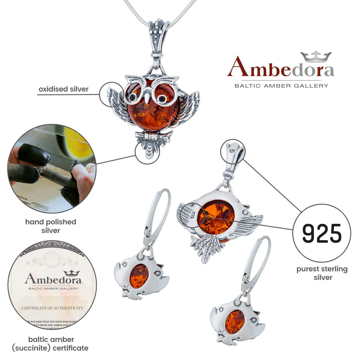Damen Schmuckset Weise Eule, Oxidiertes Sterling Silber, Baltischer Bernstein in Cognac Farbe, Silber Anhänger mit Kette und Ohrringe