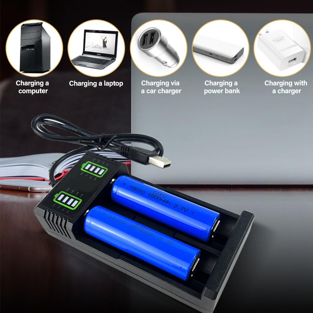 2PCS Piles Rechargeables 3.7V, 2200 MAh | Button-Top Batterie NiMH 2 Slots Chargeur, Batteries Rechargeables pour Lampe Frontale LED,Télécommande,Voiture Télécommandée