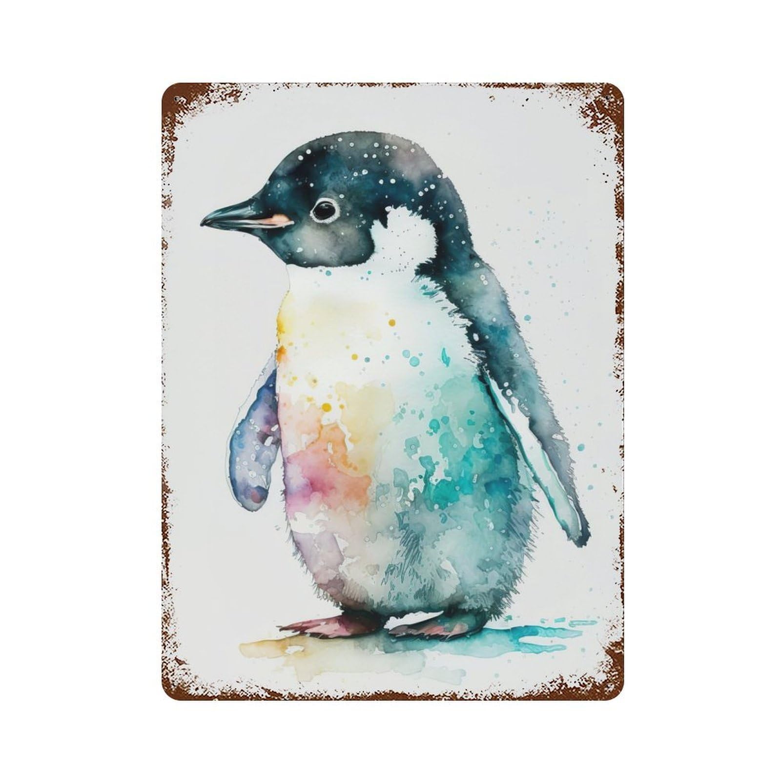 Rusty Metal Tin Sign with Cute Watercolour Penguin Design 15.7"x11.8", for Garage, Bar And Workshop Decor, Decorative Metal Wall Art