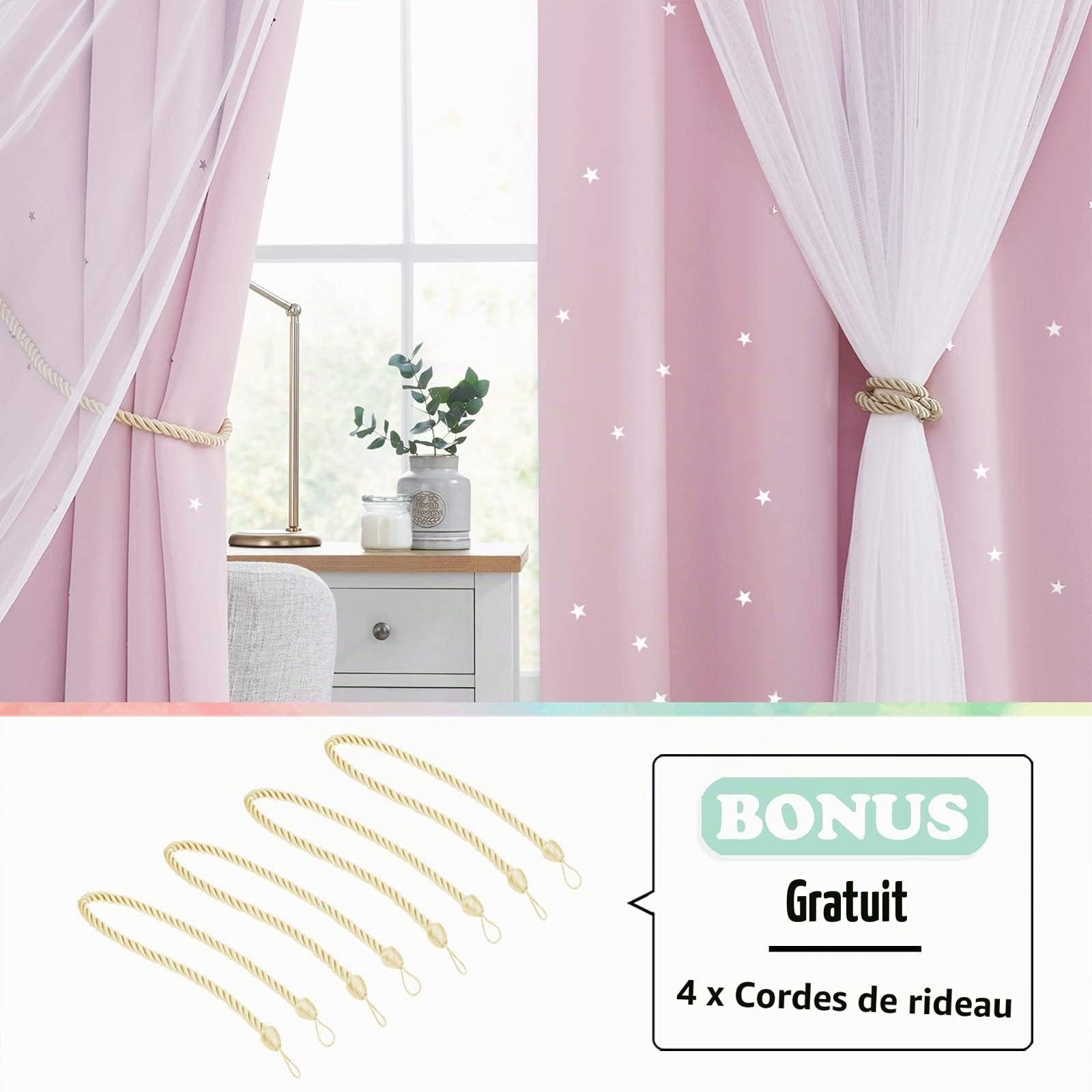 NICETOWN Rideaux Rose Occultant - Double Rideaux Décoration du Maison Chambre Fille Etoile Motif Perforées 2 Couches avec Voilage Blanc, L 132 sur H 240 cm, Rose Clair, 2 PCs