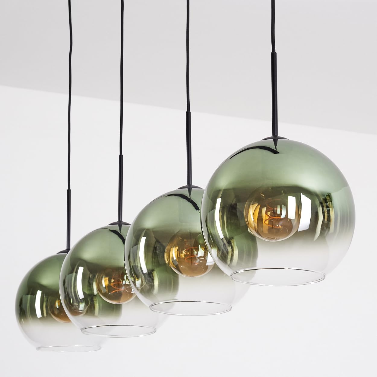 HOFSTEIN Hängeleuchte Koyoto, 4-flammige Hängelampe aus Metall/Glas in Schwarz/Grün/Klar, moderne Pendelleuchte im Retro/Vintage-Design (Schirme Ø 25 cm), E27, Esszimmer, Küche, Wohnzimmer