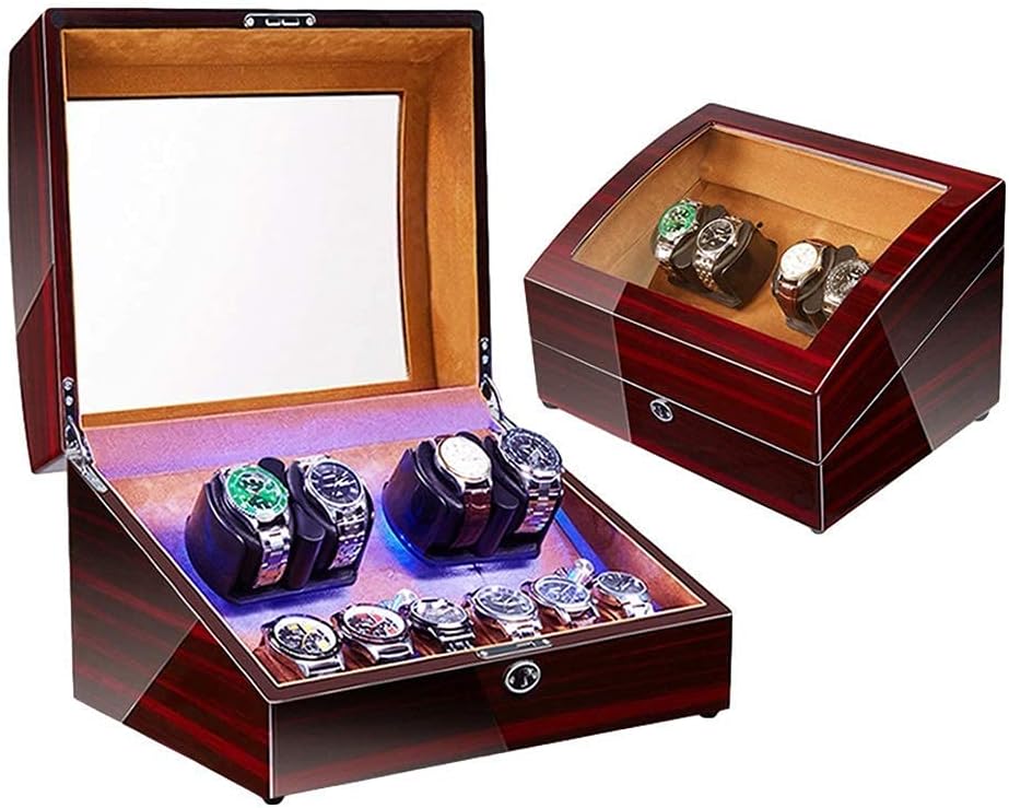 Automatic Watch Winder for 4 Watches + 6 Storage Soft Watch Pillow LED Illumination Super Quiet Motor AC Adapter and Battery Powered (Brown)