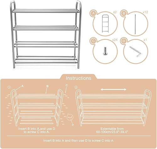 Miniatura 7 de Zapatero largo extensible de 4 niveles para armario, organizador de zapatos, resistente y resistente, estante de zapatos de metal con capacidad para