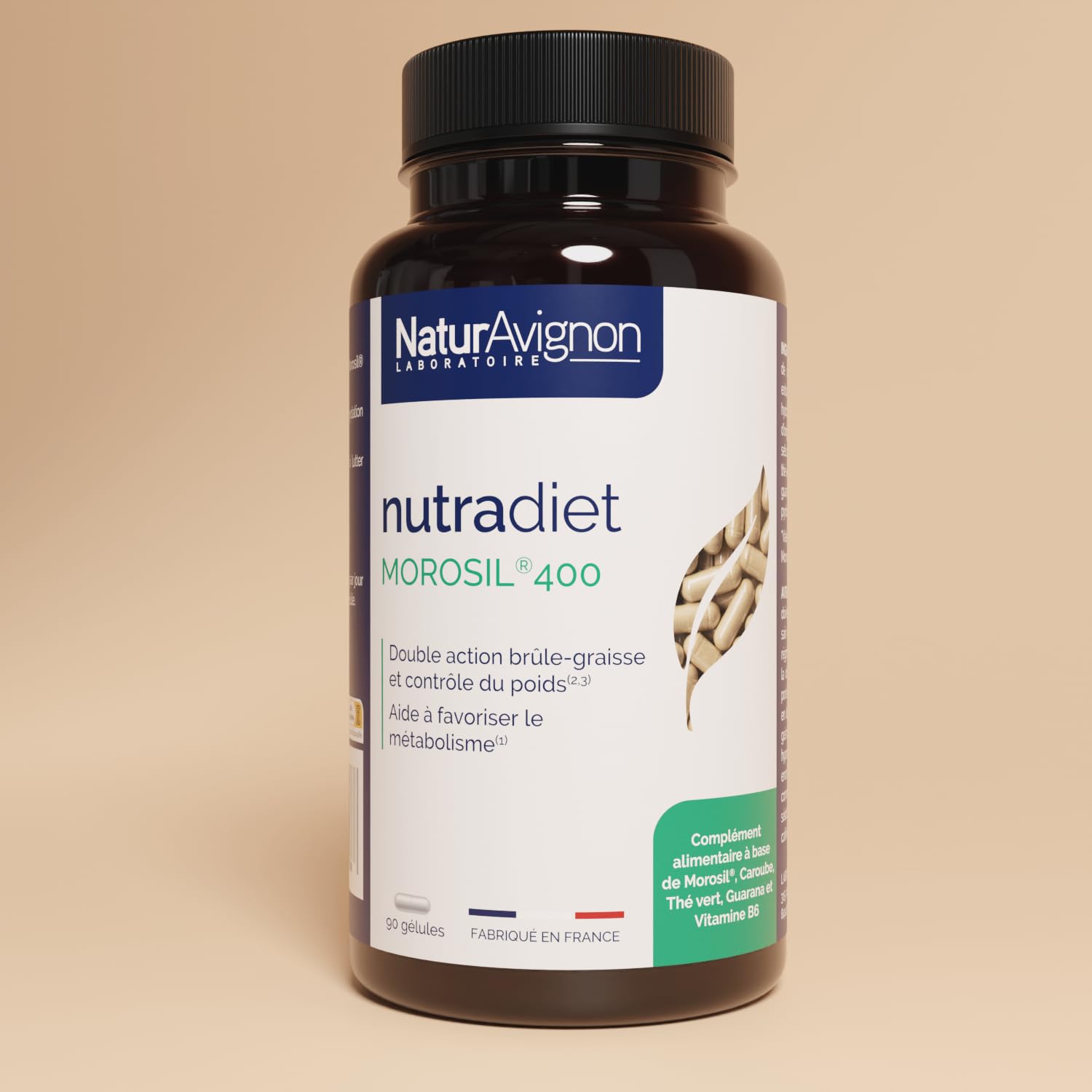 NaturAvignon Morosil 400 | Soutien du métabolisme des graisses | Contrôle du poids | Aide coupe-faim | Morosil, Guarana, Thé Vert, Caroube | 90 gélules minceur efficace