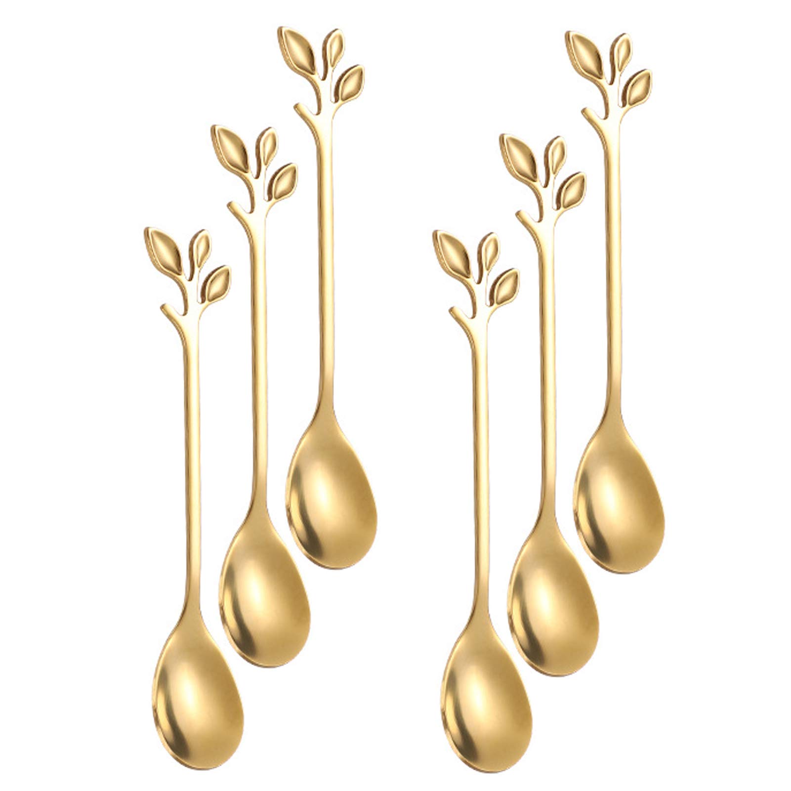 Gold Leaf - Juego de 6 cucharas de café retro Demitasse de 4.7 pulgadas, mini cubiertos de acero inoxidable, vajilla de cocina