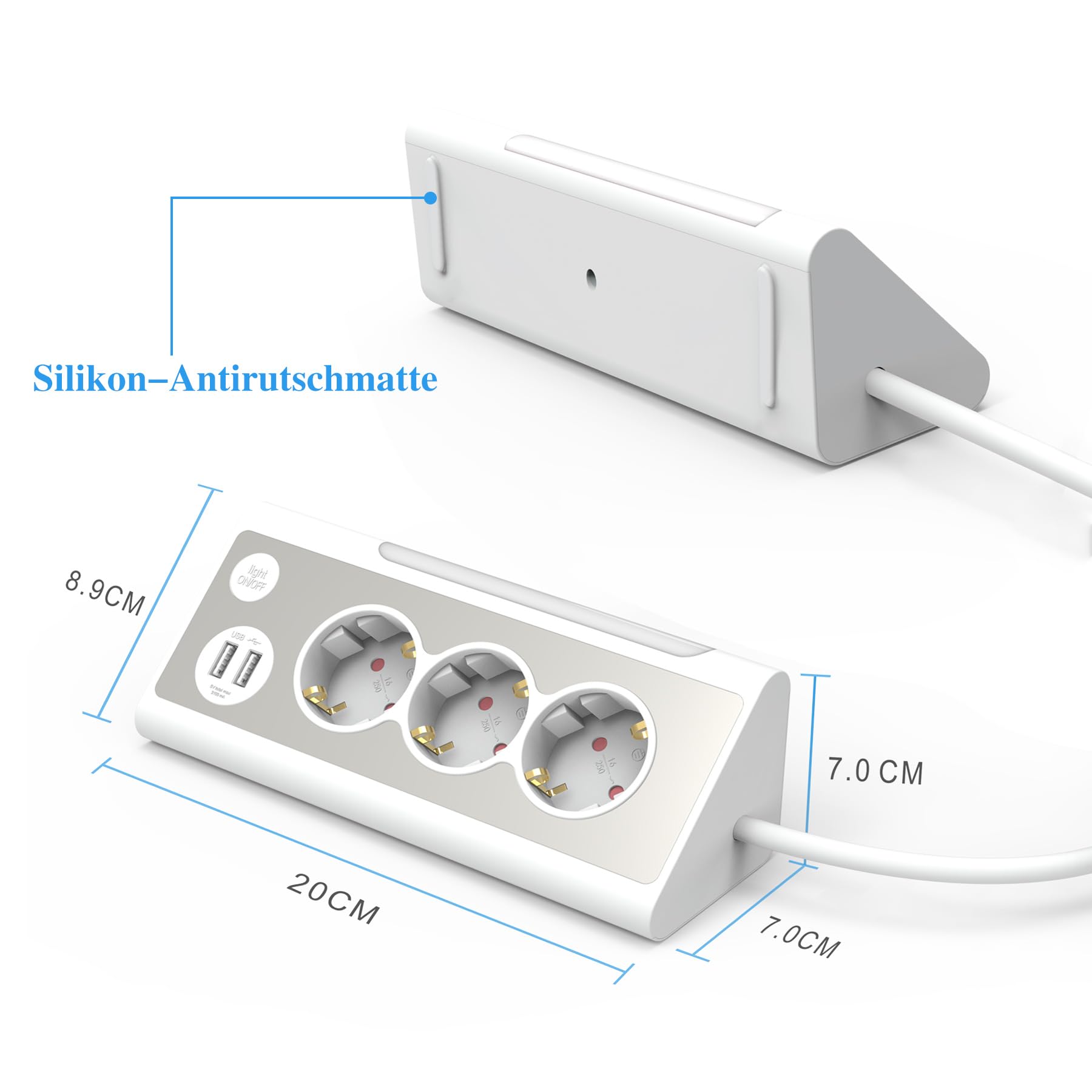 KS Mehrfachsteckdose,3-Fach Steckdosenleiste mit USB Und LED-Nachtlicht Tischsteckdose Edelstahlfrontplat Ecksteckdose, überspannungsschutz Steckerleiste für Küche (1,5m) (Packung mit 2)