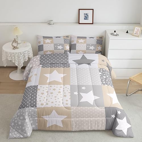 Juego de edredón con patrón de estrellas marrón y gris, tamaño Queen, juego de ropa de cama de cielo estrellado de ensueño para niños y niñas,