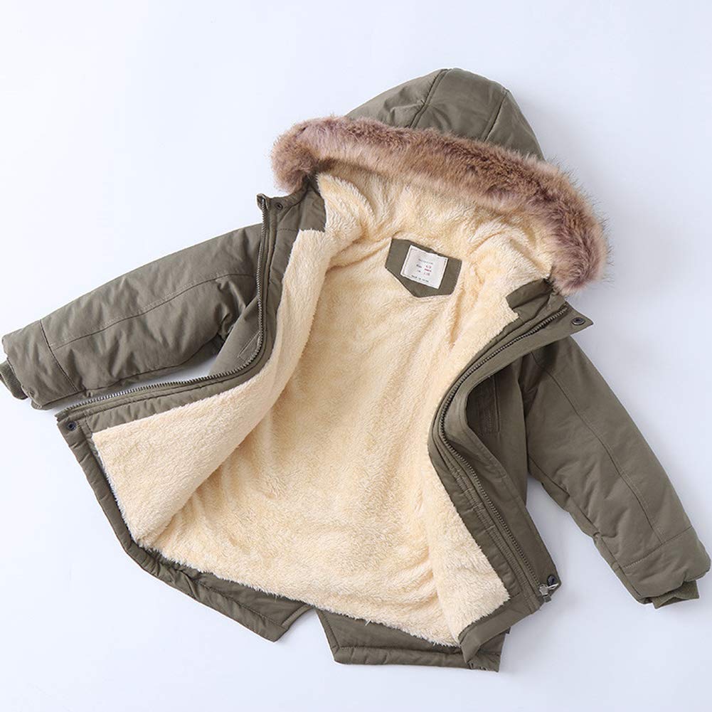 Chaqueta de Invierno Ropa Cazadora para Niños, Resistente al Viento, con Capucha, de Forro Polar Grueso, para Exteriores, de Algodón, Cuello de Piel, Monocolor, Verde, 152/158 cm