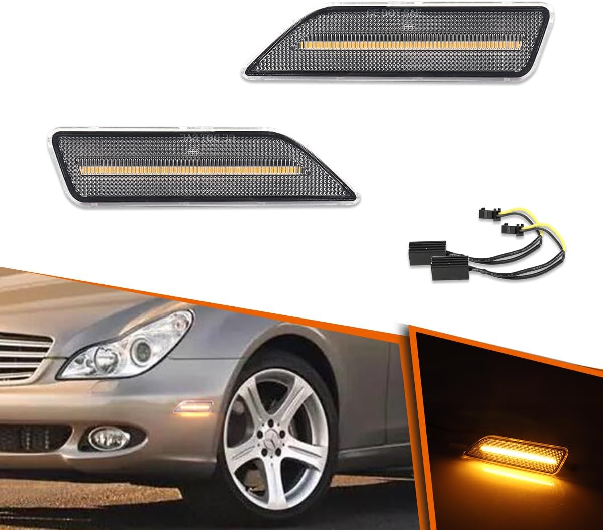 ADIIL For 2006-2011 Mercedes Benz W219 CLS-Class Clear Lens Amber LED Front Bumper Side Marker Lights OEM Side Marker Replacement