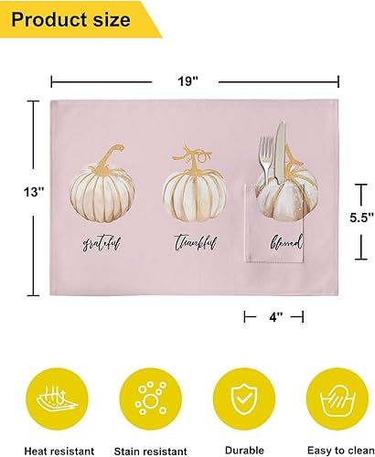 Miniatura 6 de Thanksgiving Blush Pink Table Placemats for Dining Table Set of 4,Cotton Linen Cloth Kitchen Place Mats with Pocket,SquareRectangleRoundOblong