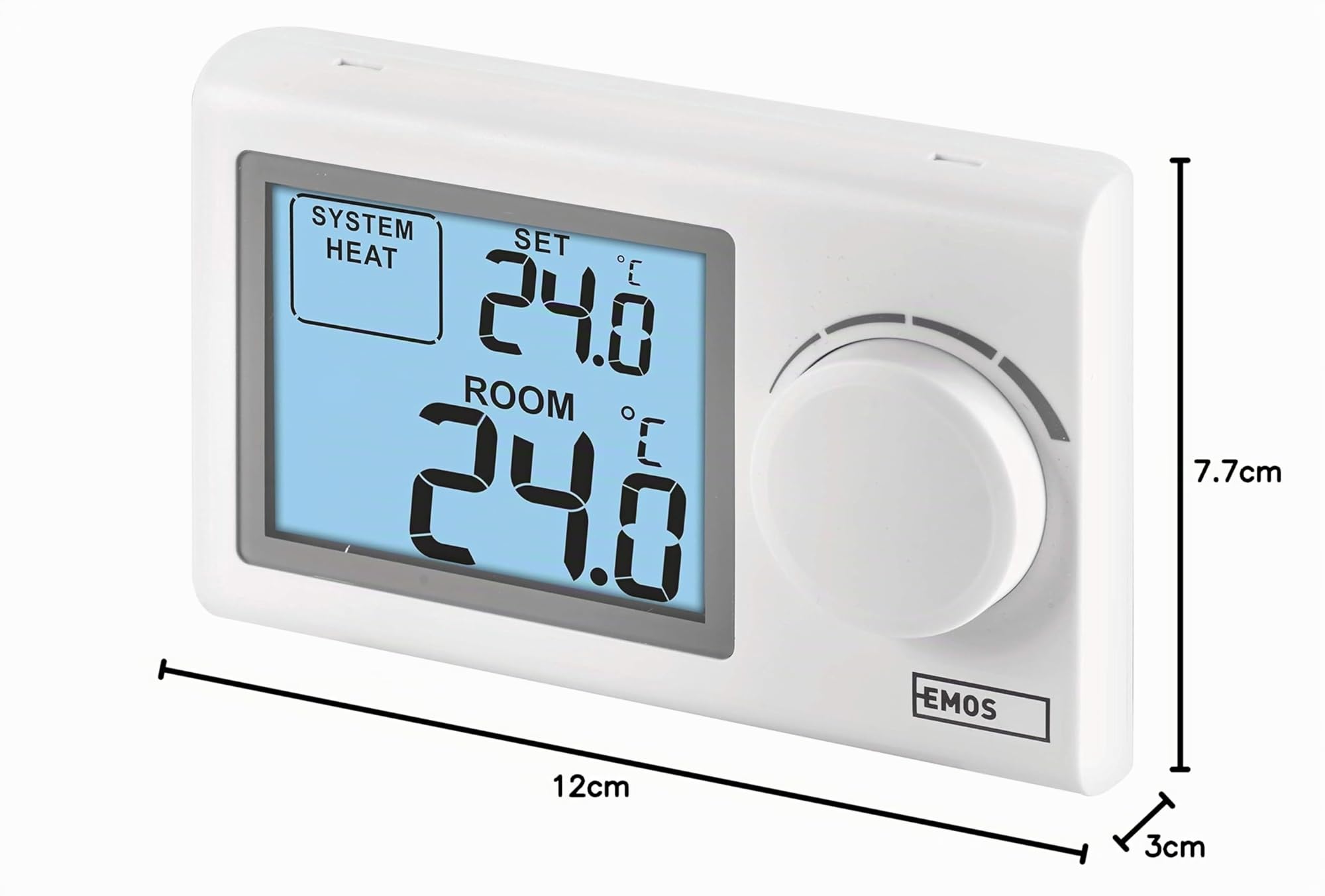 EMOS - Thermostat numérique avec écran LCD - Manuel, Filaire - Chauffage/climatisation - Plage température 5-35 °C - Montage en Surface - Utilisation Simple - Pile Incluse - Blanc